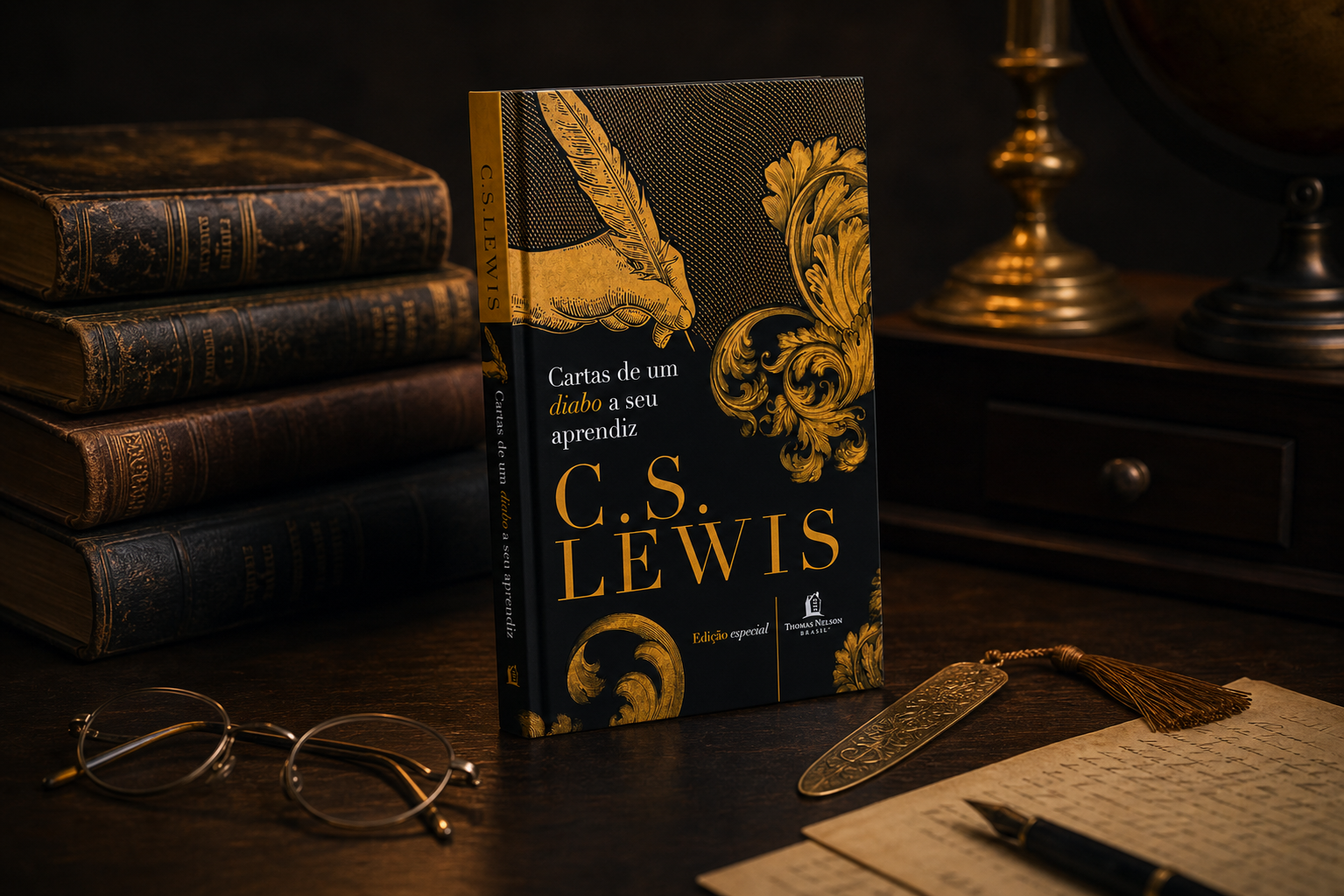 Livro ao lado de clássicos antigos em mesa escura