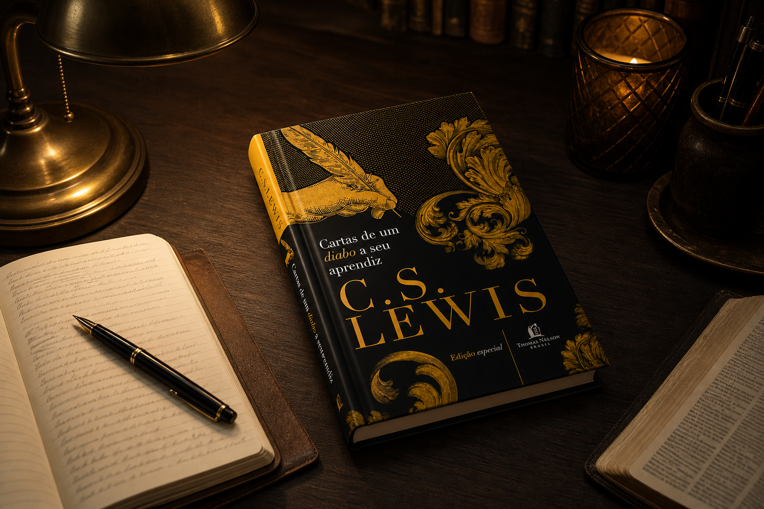 Livro em mesa de leitura com caderno e luz quente